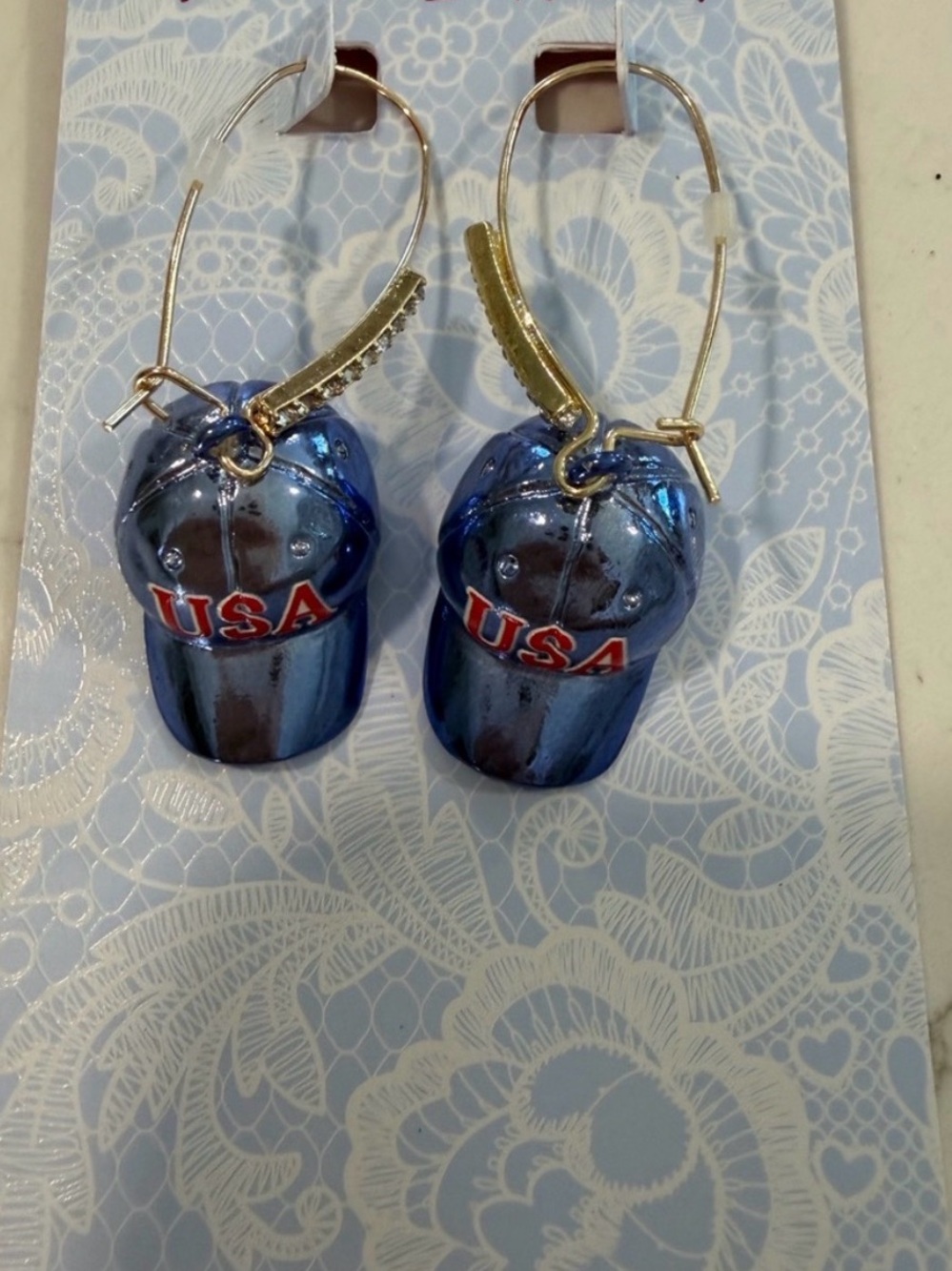 Betsey Johnson Metallic Blue 'USA' Cap Dangle Hoop Earrings